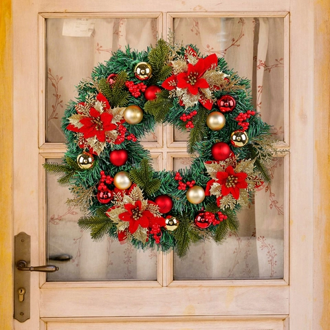 Artificial Christmas Wreath Poinsettia Pine Needle Red Gold Ball Berry Ornament Front Door Wall Hanging Holiday Decor