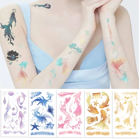 Tatouages Temporaires Autocollants Aquarelle Poisson Koi Vie Océanique Imperméable Paillettes Art Corporel Pour Fête DIY Enfants Adultes