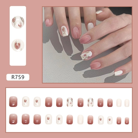 Press On Nails Pink Gradient Tulip Flower Vintage Short Square Round Glossy Artificial Nail Tips For Women Girl Nail Art