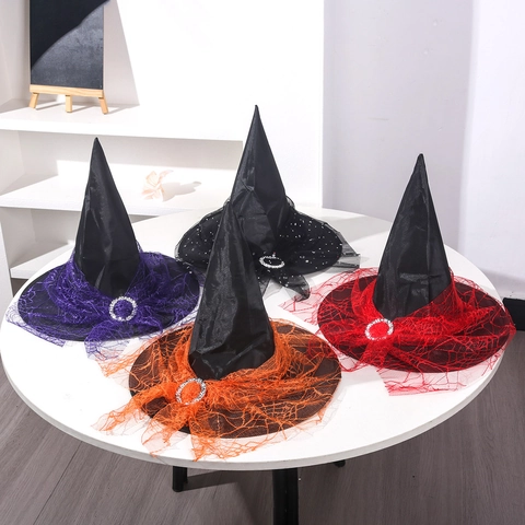 Halloween Witch Hat Pointed Wizard Hat With Spiderweb Lace And Star Mesh Alloy Rhinestone Buckle For Cosplay Party Adult