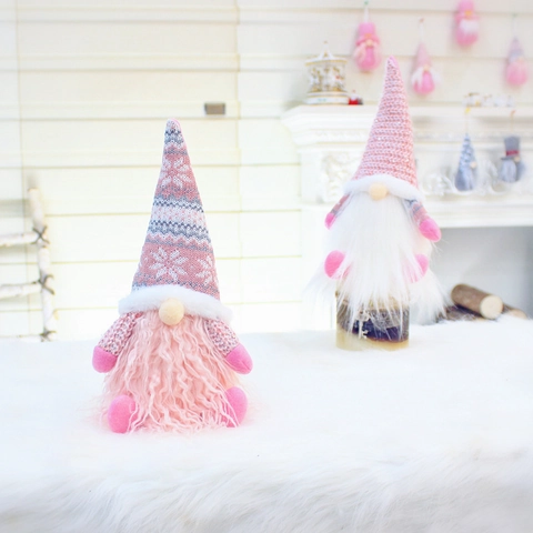 Christmas Gnome Plush Ornament Pink Knitted Faceless Doll With Faux Fur Beard For Holiday Tabletop Decor Nordic Style