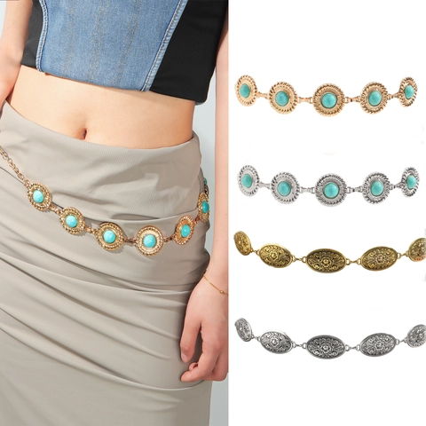 Bohemian Vintage Metal Waist Chain Belt For Women Turquoise Inlaid Floral Embossed Link Chain Dress Decoration Jewelry