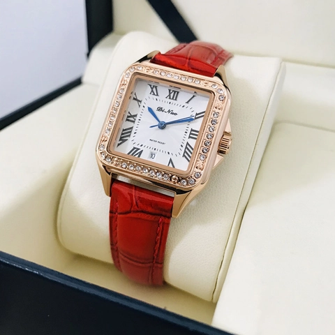 Women Quartz Watch Elegant Square Stainless Steel Rhinestone Bezel Leather Strap Waterproof Date Calendar Roman Numerals