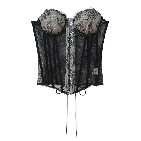 Top Corsetto In Pizzo Floreale Nero Bustier Snellente Senza Spalline Con Busk In Metallo E Stringatura Per Donna