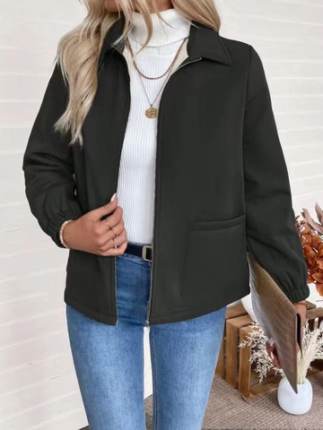 Chaqueta De Mujer Con Cremallera Lana Sintética Forro Polar Cuello Solapa Manga Larga Casual Con Bolsillos Color Sólido
