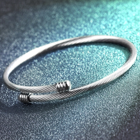 Twisted Cable Wire Open Cuff Bangle Stainless Steel Minimalist Adjustable Rope Texture Bracelet For Men And Women
