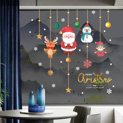 Christmas Window Stickers PVC Waterproof Self Adhesive Glass Door Decor Santa Snowman Reindeer Cartoon Holiday New Year