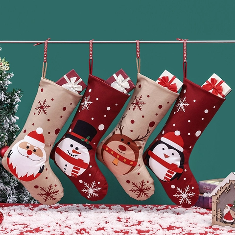 Calza Di Natale Tessuto Stampato Babbo Natale Pupazzo Di Neve Renna Pinguino Motivo Decorazione Festiva Sacchetto Regalo Appeso