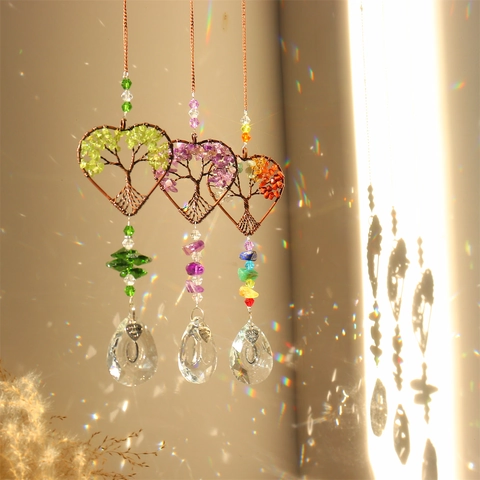 Tree Of Life Heart Suncatcher K9 Crystal Prism Natural Stone Wire Wrapped Hanging Ornament Rainbow Maker Window Decor