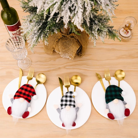 Christmas Gnome Cutlery Holder Set Plaid Pattern Polyester Fork Knife Spoon Bag For Dining Table Decor Party Supplies