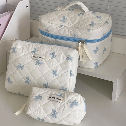 Quilted Bow Pattern Cosmetic Bag Makeup Pouch Toiletry Storage Organizer Large Capacity Travel Portable Ribbon Pull