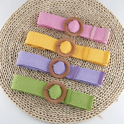 Women Bohemian Woven Belt Round Square Buckle Elastic Straw Style Waist Strap For Dress Long Shirt Decorative Waistband