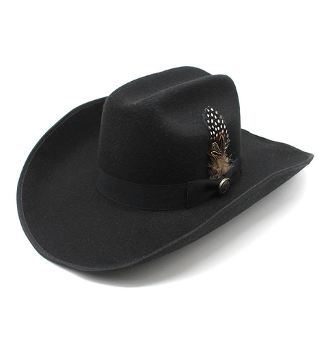 Cappello Da Cowboy Western In Feltro Di Lana A Tesa Larga Con Piuma E Bottone In Metallo Retro