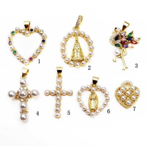 Elegant Heart Cross Flamingo Pendant Charms Copper Zircon Imitation Artificial Pearl DIY Jewelry Making Accessories For Women