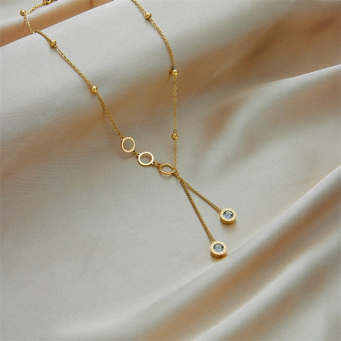 Gold Plated Titanium Steel Roman Numeral Tassel Necklace For Women Rhinestone Circle Y Shaped Long Pendant Jewelry Gift