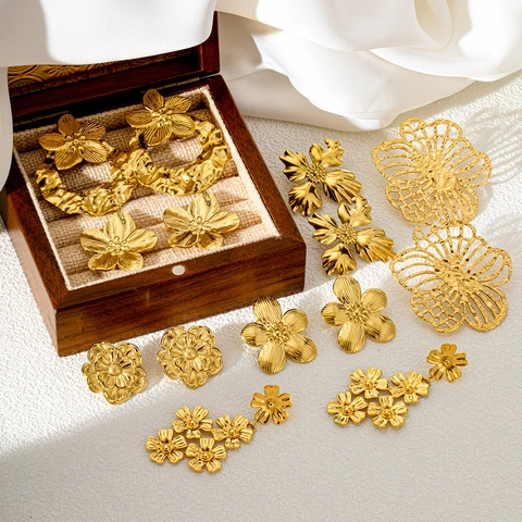 Floral Stud Earrings Stainless Steel 18K Gold Plated Metallic Large Flower Drop Hoops For Women Vintage French Style