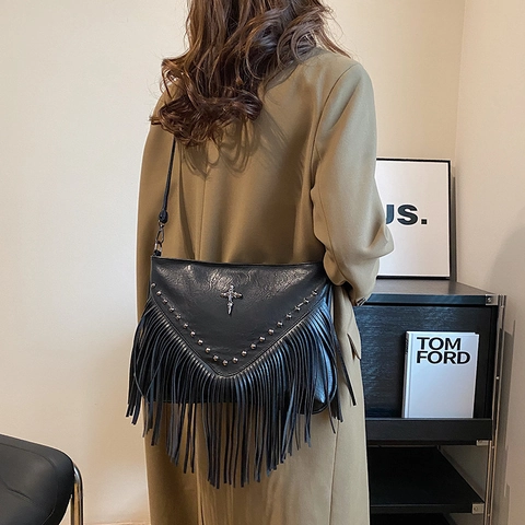 Women Shoulder Bag PU Leather Long Tassels Rivets Cross Metal Decor Bohemian Gothic Large Capacity Crossbody Bag For Lady
