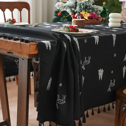 Weihnachts Tischdecke Leinen Rechteckig Rentier Weihnachtsbaum Druck Staubdicht Feiertags Abendessen Dekor Mit Quaste