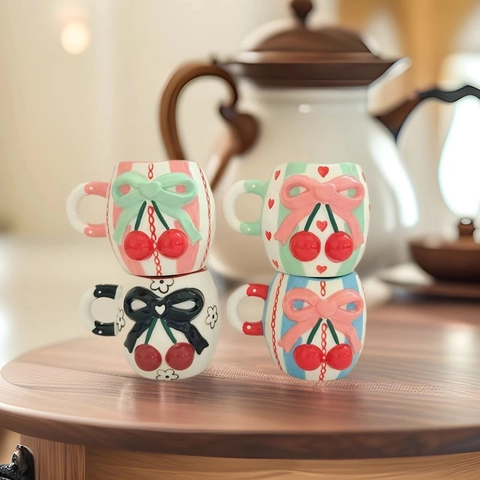 Tazza In Ceramica Ciliegia Fiocco Rilievo Porcellana Bianca Simpatica Tazza Da Caffè Latte Tè Righe Pois Con Manico