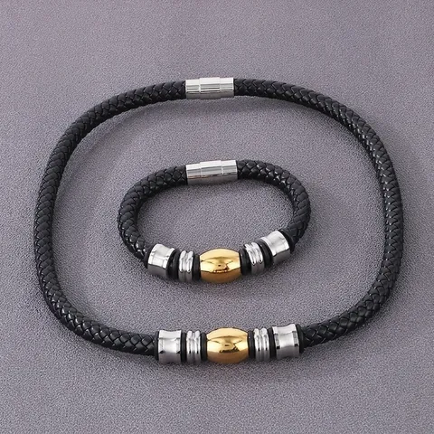 Pulsera Y Collar De Cuero Vacuno Trenzado Para Hombre Con Cierre Magnético De Acero Inoxidable Joyería De Moda Informal