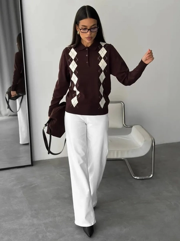 Maglione In Maglia Polo Da Donna Cotone Poliestere Motivo Argyle Manica Lunga Stile Retro Preppy