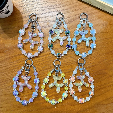 Luminous Iridescent Balloon Dog Beaded Phone Chain Cute Acrylic Keychain Bag Charm For Phone Case Decoration Women Gift