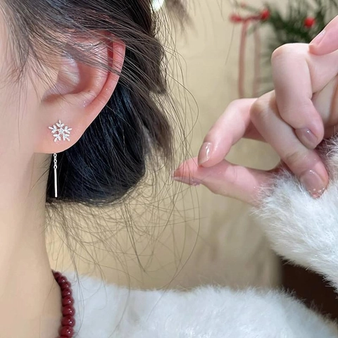 Snowflake Ear Threader Earrings With Zircon Copper Jewelry And 925 Sterling Silver Earring Post Elegant Style For Women