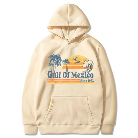 Gulf Of Mexico Retro Beach Print Hoodie Men Long Sleeve Drawstring Kangaroo Pocket Polyester Sweatshirt Casual