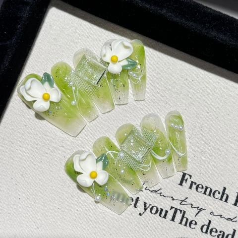 Unghie Finte Bara Extra Lunghe Fatte A Mano Sfumate Verde Marmo Fiore 3D Perla Artificial Decorazione Lusso Stile Primavera