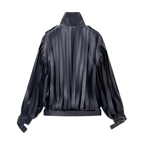 Chaqueta De Cuero Sintético Para Mujer Flecos Tassel Abrigo Moto Con Cinturón Hebilla Metálica Streetwear Cuello Alto