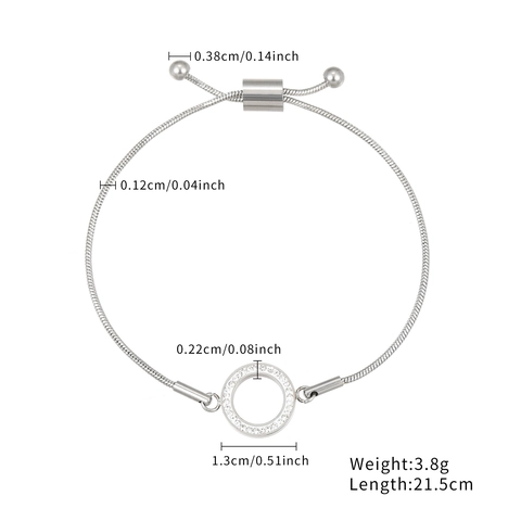 Stainless Steel Snake Chain Bracelet With Rhinestone Round Pendant Adjustable Slider Clasp Minimalist Jewelry For Women