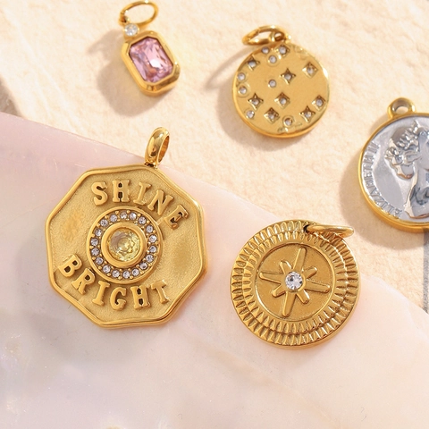 Stainless Steel 18K Gold Plated Pendants Pink Zircon Queen Coin Star Octagon DIY Jewelry Making Accessories For Women