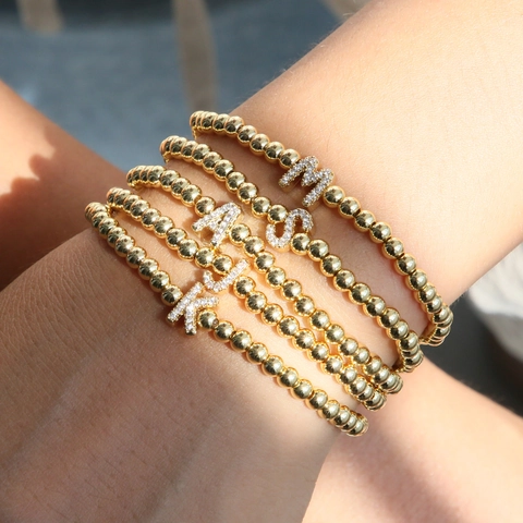 Initial Letter Pendant Beaded Bracelet Brass 18K Gold Plated With Zircon Elastic String Fashion Jewelry Women