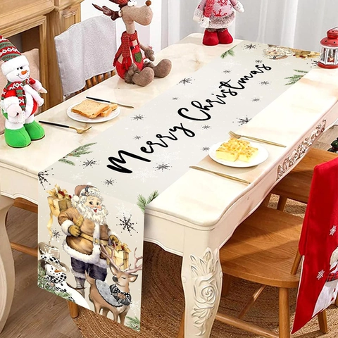 Kerst Tafelloper Polyester Vintage Kerstman Rendier Sneeuwpop Print Feesttafel Diner Decoratie