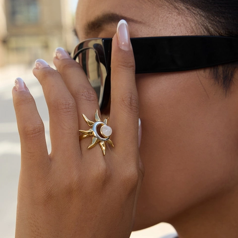 Vintage Edelstahl Sonne und Mond Offener Ring für Damen Gold Silber Zweifarbig Mondstein Eingelegt Verstellbarer Schmuck