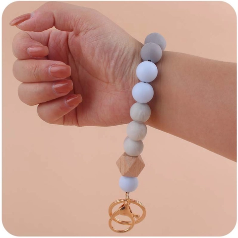 Silicone Beaded Wristlet Keychain With Wooden Octagon Bead Colorful Bracelet Key Ring Pendant For Women DIY Jewelry Gift
