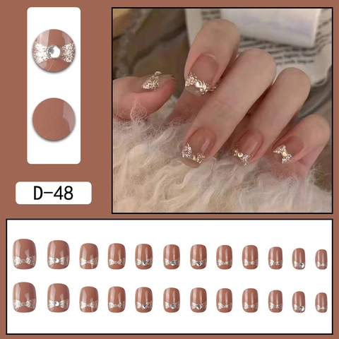 Nude Pink Kurze Runde Aufpressnägel Mit Glitzer-Schleife Und Strass Elegante Abnehmbare Künstliche Falsche Fingernägel