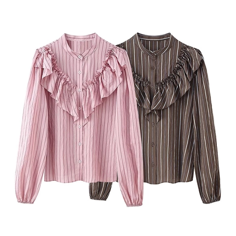 Camicetta A Righe Con Volant Poliestere Maniche Lunghe Bottoni Righe Verticali Volant Sovrapposti Collo Alto Elegante Donna