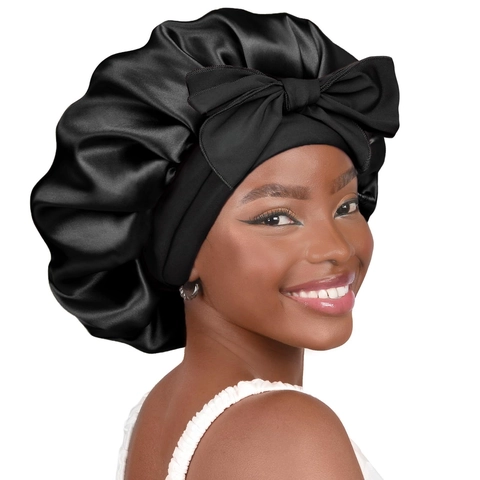 Women Satin Sleep Bonnet Double Layer Hair Care Nightcap With Bow Ribbon Elastic Wide Band Adjustable Sleeping Hat For Women