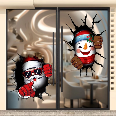 Christmas Window Stickers PVC Static Cling 3D Broken Wall Effect Santa Reindeer Snowman Double Sided Decorative Decals
