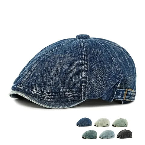 Washed Denim Newsboy Cap Vintage Octagonal Hat Adjustable Sun Protection Casual Beret For Men Women Retro Style