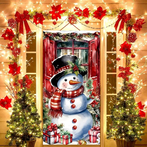 Bannière De Porte Noël Drapeau Polyester Motif Bonhomme De Neige Décoration Suspendue Extérieure Porche Jardin Maison Fête