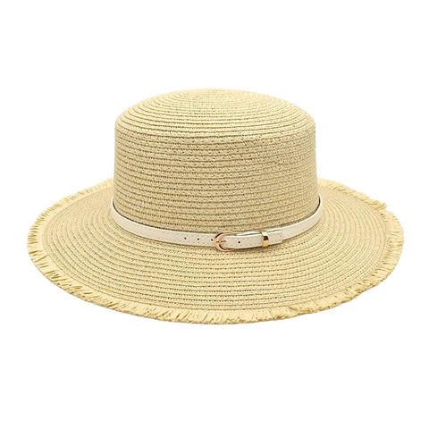 Sombrero De Paja Boater Para Mujer Borde Deshilachado Protección Solar Verano Playa Con Hebilla De Cinturón De Cuero
