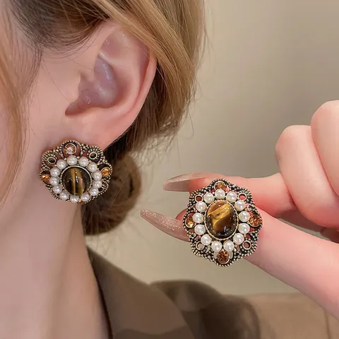 Vintage Paleisstijl Oorbellen Tijgeroog Kunstparel Hars Strik Met 925 Sterling Zilveren Oorsteker Franse Sieraden