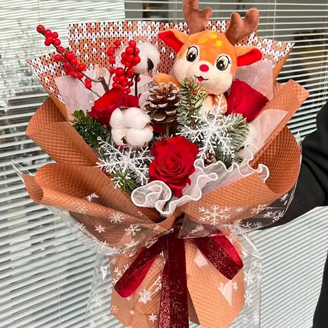Christmas Plush Doll Reindeer Santa Snowman Pine Cones Bells Decoration Materials Ribbon Wrapping Paper Festive DIY Flower Gift Ornament