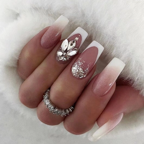 French Tip Press On Nägel Ombre Pink Weiß Mit Strasssteinen Silber Glitzer Sarg Lang Künstliche Falsche Nägel Für Damen