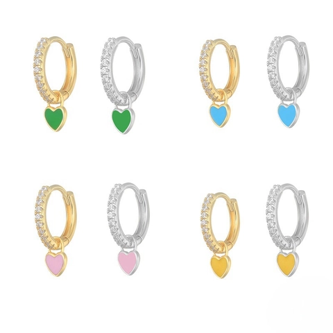 Heart Hoop Earrings Copper Enamel Colorful Dangle Huggie Zirconia Fashion Jewelry For Women Elegant Sweet
