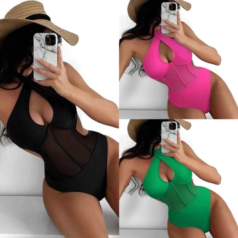 Bañador De Una Pieza Para Mujer Cuello Halter Recorte Malla Patchwork Monokini Corte Alto Nylon Spandex Playa
