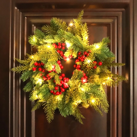 Corona Di Natale Artificiale Aghi Di Pino In PE Bacche Rosse Luce LED Opzionale Decorazione Della Casa Per Le Vacanze Stile Invernale