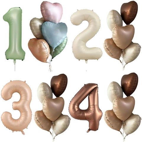 Retro Cream Caramel Aluminum Foil Number Heart Balloon Decoration Party Birthday Celebration Ins Style